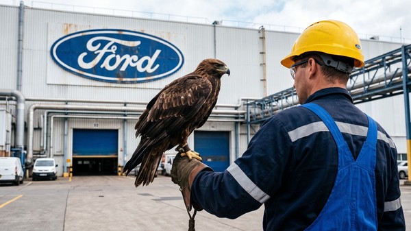 Un muncitor al unei fabrici Ford cu un șoim pe mână