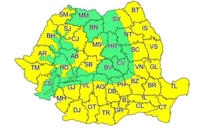 Harta zonelor vizate de cod galben de caniculă până pe 31 august