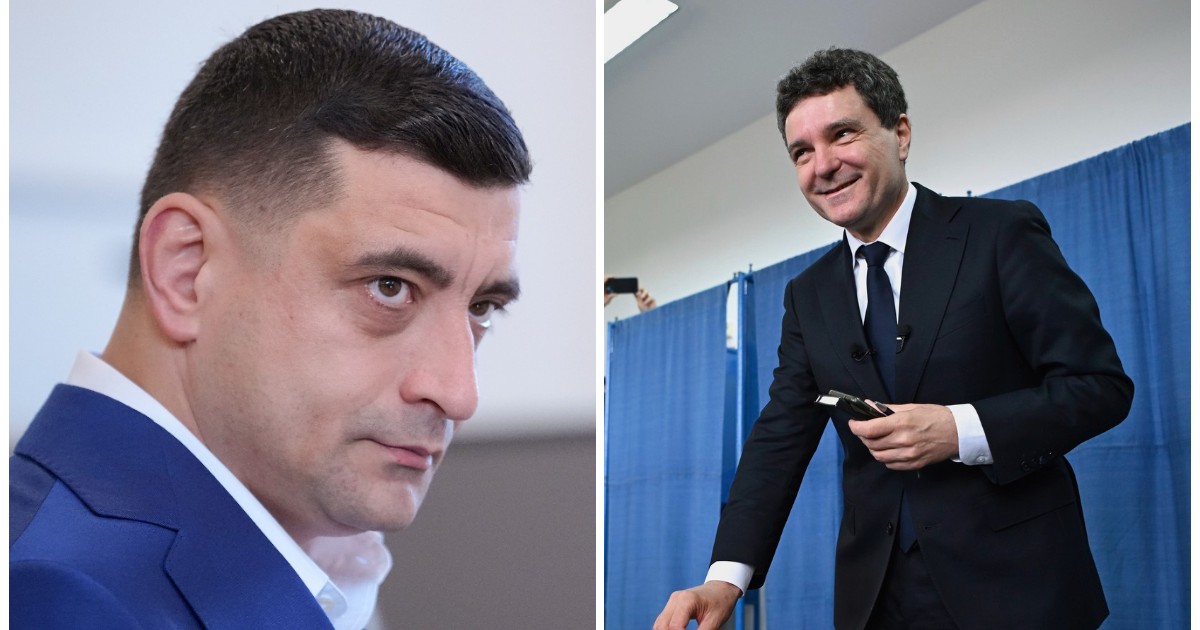 În imaginea din stânga este George Simion, îmbrăcat în costum albastru și cămașă albă, iar în partea dreaptă este Nicușor Dan, îmbrăcat în costum negru. Acesta se află într-o secție de votare și ține în mână un buletin de vot pe care îl introduce în urnă.