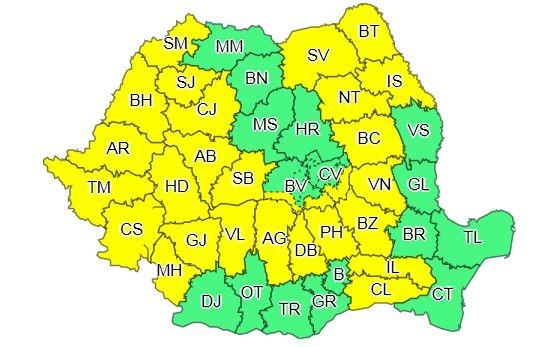 Un nou cod galben de ploi torenţiale, vijelii şi grindină, în cea mai mare parte a ţării