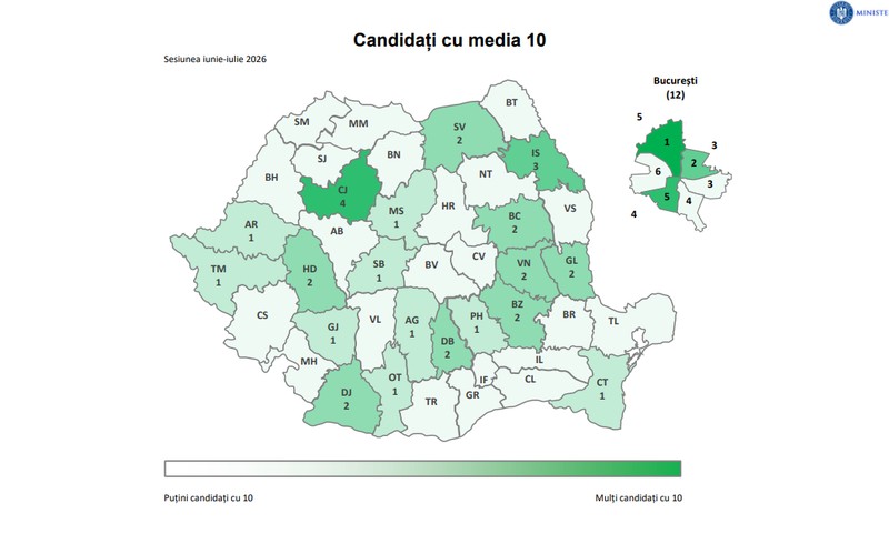 Harta mediilor de zece la Bacalaureat 2026 Foto: Captură document Ministerul Educației