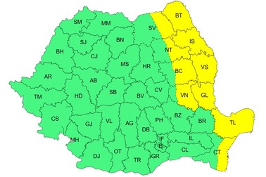 Harta județelor afectate de codul galben de vânt. Sursa foto: ANM