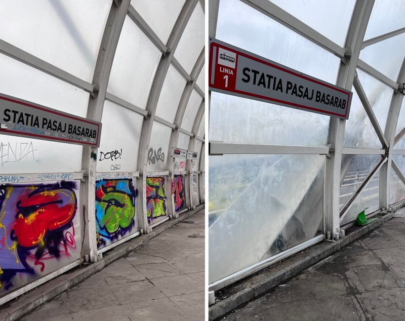 Stația de tramvai de la Pasajul Basarab, curățată de voluntari. Era plină de mizerie și grafitti - VIDEO