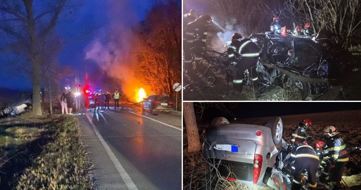 Imaginea este un colaj de trei fotografii care surprind intervenția nocturnă a echipajelor de urgență la locul unui grav accident rutier, unde se pot observa mașini grav avariate, una fiind răsturnată și alta cuprinsă de flăcări în plan îndepărtat.