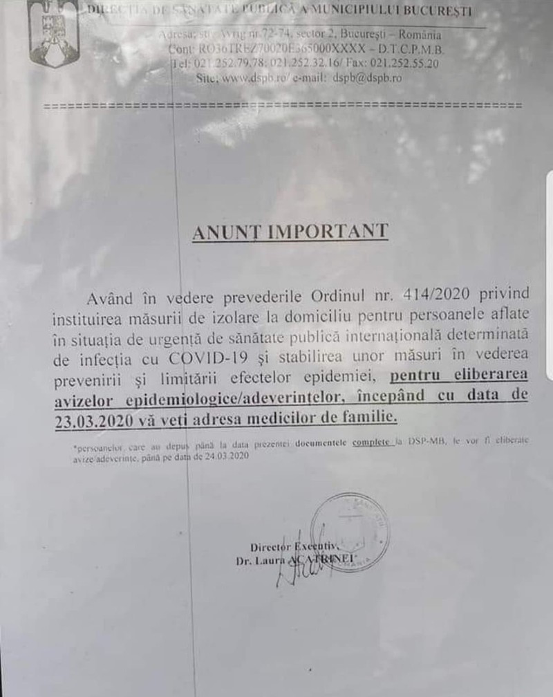 Actul semnat de șefa DSP București, prin care li se cere medicilor de familie să elibereze avizele de intrare în izolare