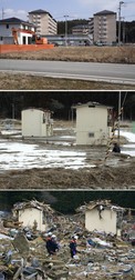 Trei imagini din orașul Rikuzentakata arată cum a fost curățată și reconstruită zona. Jos, o imagine din 12 aprilie 2011, la mijloc, una din 17 februarie 2012, iar sus, una din 21 februarie 2021 | FOTO: EPA