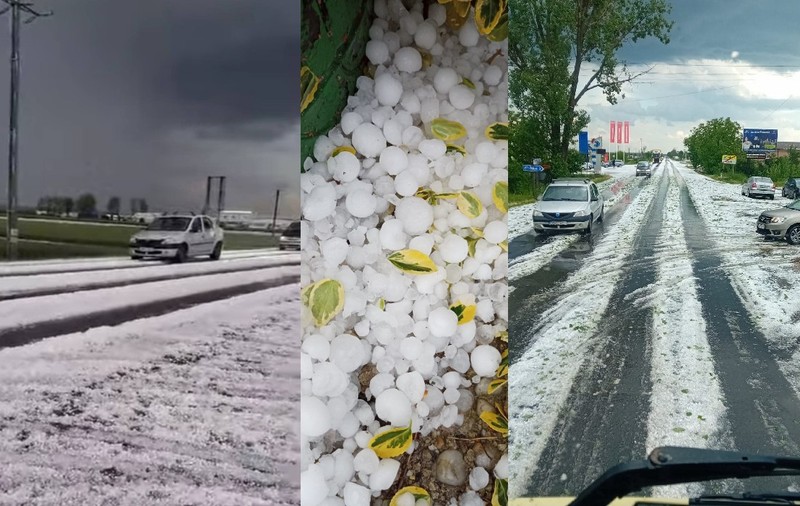 Șosele pline de gheață în Dâmbovița, grindina a făcut prăpăd și a distrus culturile agricole