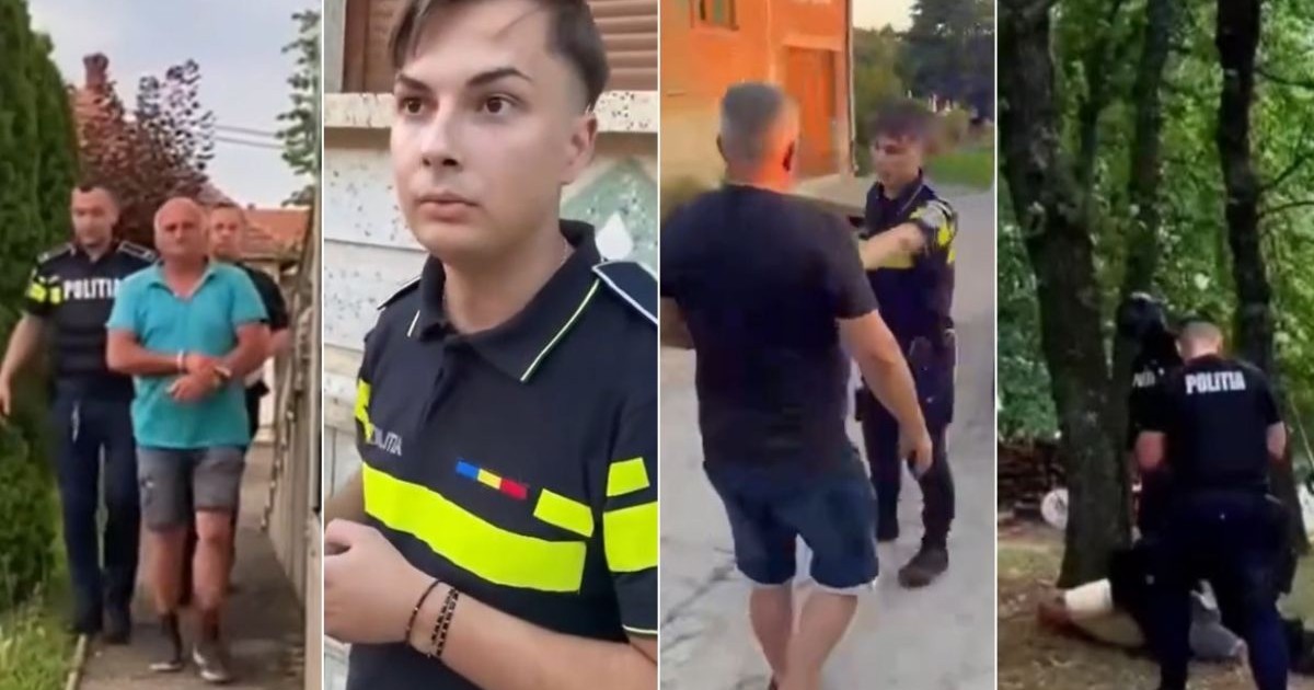 Colaj foto cu printscreen-uri din video: la stânga unul dintre suspecții încătușați flancat de mascați, apoi polițistul umilit, îmbrăcat în uniformă, un suspect care încearcă să îl lovească pe polițist, iar la dreapta un alt suspect pus la pământ de mascați