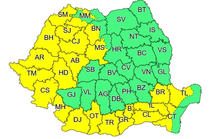 Zonele vizate de cod galben de caniculă, pe 28 și 29 iulie