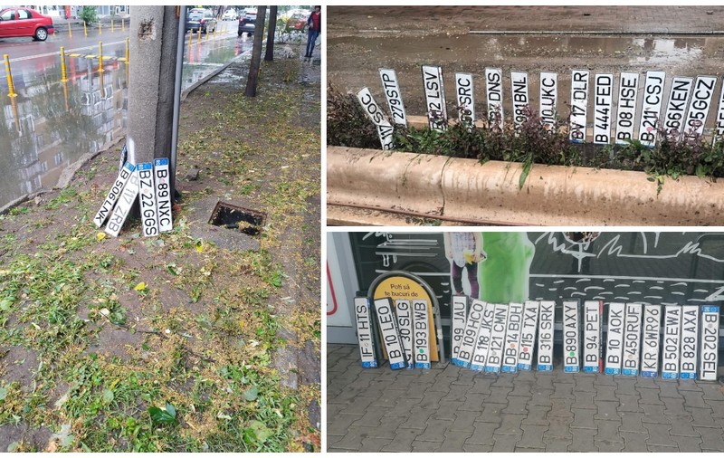 Sute de plăcuțe de înmatriculare pierdute în București, în timpul furtunii de joi seară. FOTO