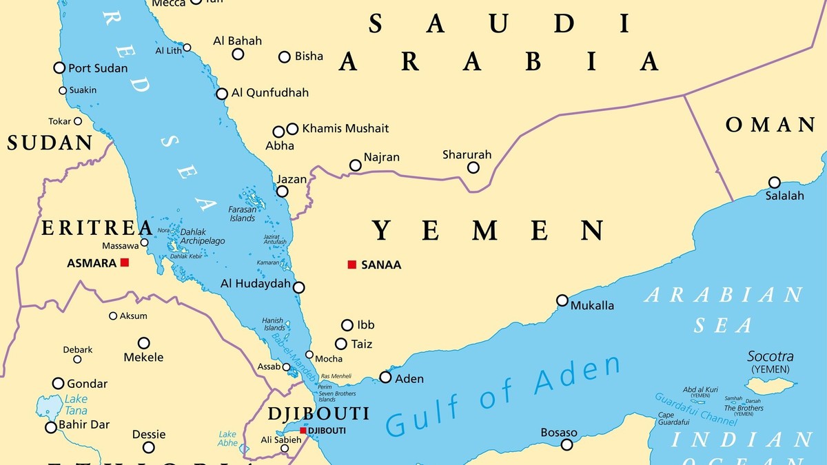 Harta politică care înfățișează Golful Aden, strâmtoarea Bab el-Mandeb, Yemenul și țări vecine. Imagine cu caracter ilustrativ Sursa foto: Profimedia