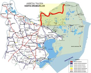 Drumul Tulcea-Chilia Veche evidențiat cu roșu pe hartă