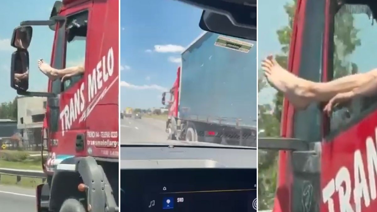 Un colaj din trei fotografii care arată piciorul unui șpfer de TIR atârnând pe geamul unui camion roșu care circulă pe o autostradă