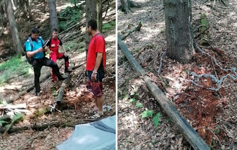 VIDEO | Inconștiență dusă la extrem. Un tânăr s-a legat cu un lanț de un copac și a aruncat cheia. Cum a fost găsit de salvatori
