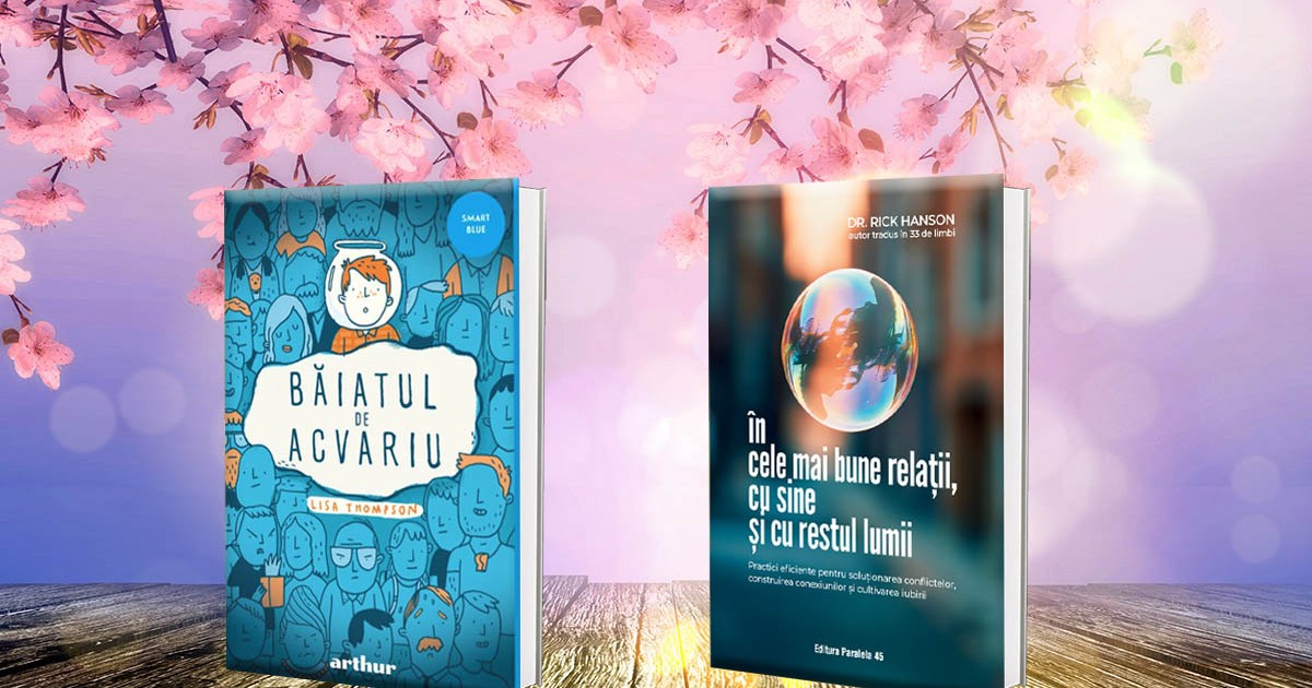 Doua coperti de carte pe un fundal mov de primavara