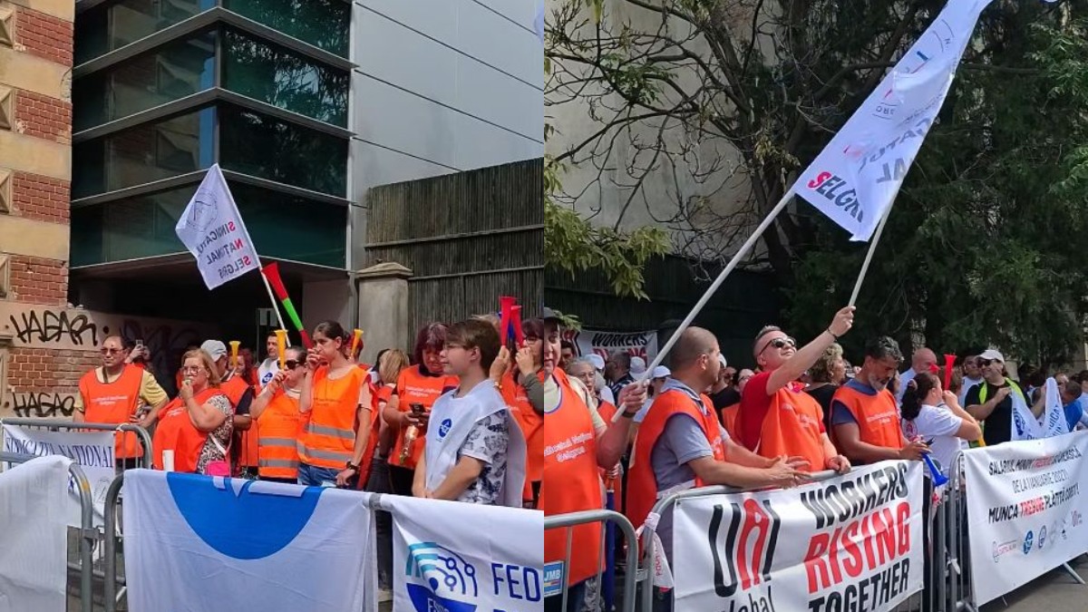 Un colaj cu doua fotografii de la un protest ce are loc în fața Ministerului Muncii