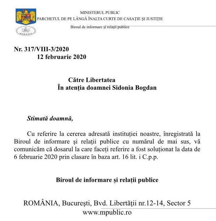 Răzpunsul oferit azi de Parchetul General, după publicarea articolului din libertatea