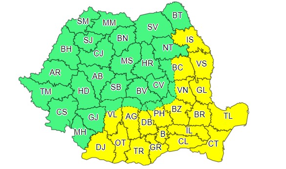 Județele aflate sub cod galben de caniculă pe 29 și 30 august