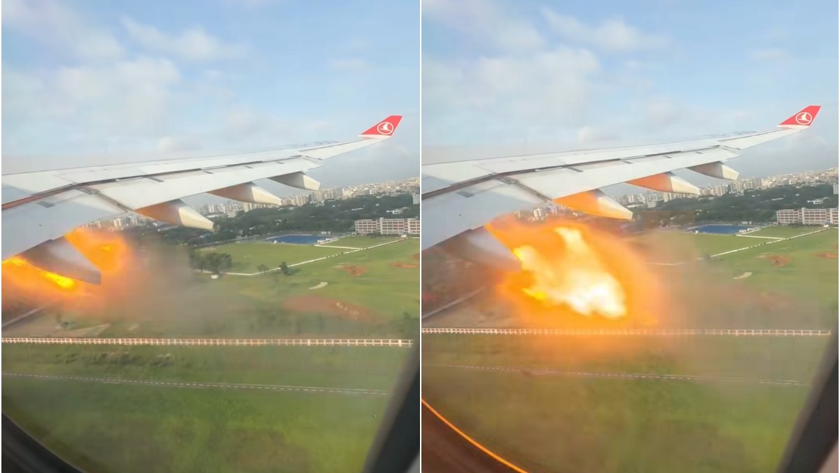 Colaj cu două imagini din timpul decolării unui avion, filmate de un pasager pe geamul aeronavei. Este surprinsă aripa avionului, care a luat foc