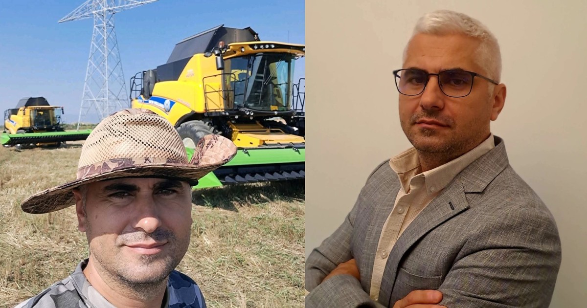 Un bărbat cu pălărie de paie pe cap, pe un câmp, în soarte se vede o combină verde/galbenă// Un bărbat cu păr alb, îmbracat în costum gri și sacou gri, care poartă ochelari