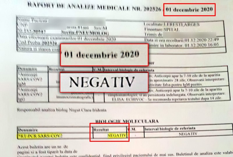 Raportul de analize medicale din data de 1 decembrie 2020
