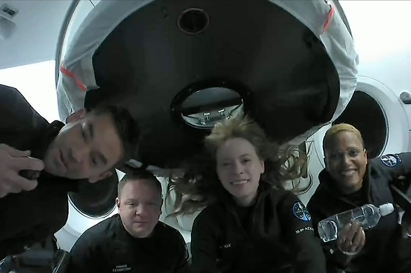 Inspiration4, the world's first all-civilian mission to space, provides an in-flight update on September 17, 2021, during their three-day mission. Jared Isaacman, Hayley Arceneaux, Christopher Sembroski, and Dr. Sian Proctor launched into space onboard a Dragon spacecraft on September 15. During that time, they performed several science experiments and video conferenced with individuals at Jude Children's Research Hospital. Photo by /UPI,Image: 632805935, License: Rights-managed, Restrictions: , Model Release: no, Credit line: Profimedia