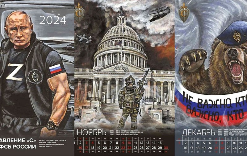 „Bicepșii lui Putin” pe un calendar 2024 provocator, vândut în Rusia de veteranii FSB. Imagini cu soldații ruși care atacă clădirea Capitoliului, din Washington
