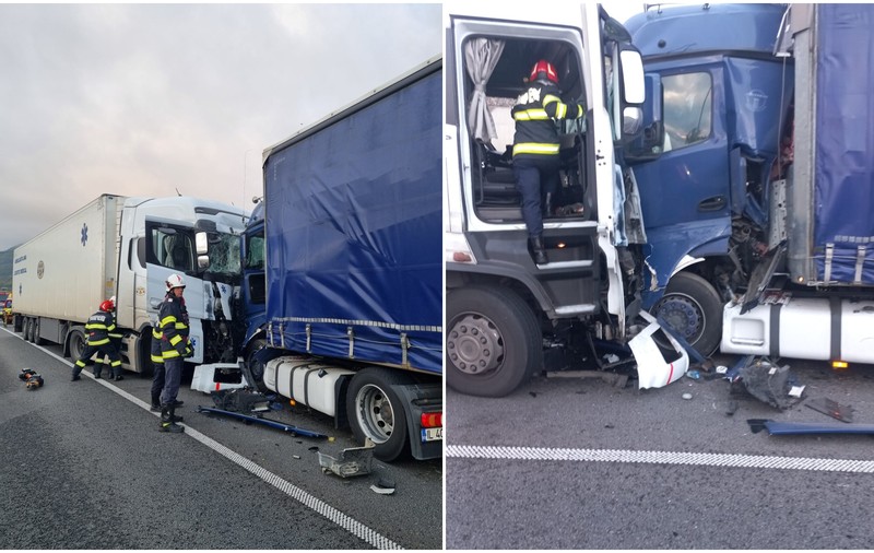 Două TIR-uri s-au ciocnit frontal, după ce unul a intrat pe contrasens, pe breteaua A1 de la Boița, în Sibiu | VIDEO