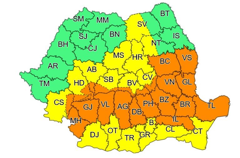 Zonele vizate de instabilitate atmosferică. Codul portocaliu este valabil pe 27 și 28 iulie, iar cel galben, până pe 29 iulie