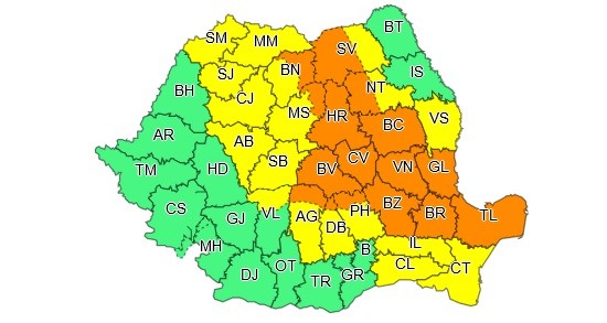 Harta zonelor vizate de avertizare meteo