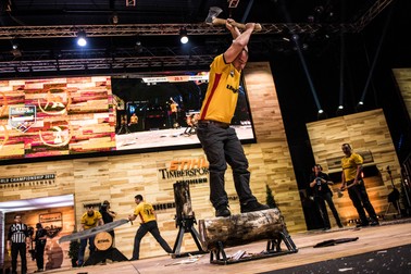 Team Romania performs during the Team Competition of the Stihl Timbersports World Championships at the Porsche-Arena in Stuttgart, Germany on November 11, 2016.