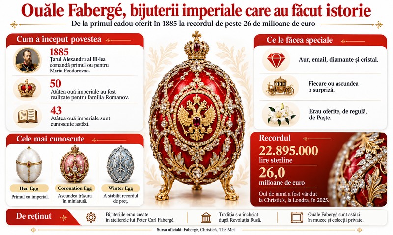 Ouăle Fabergé sunt considerate bijuterii imperiale care au făcut istorie. Traseul acestor capodopere se întinde de la primul cadou oferit în anul 1885 până la un record absolut de preț, de peste 26 de milioane de euro. Iată povestea din spatele celor mai scumpe ouă din lume. Imagine generată cu ajutorul Inteligenței Artificiale