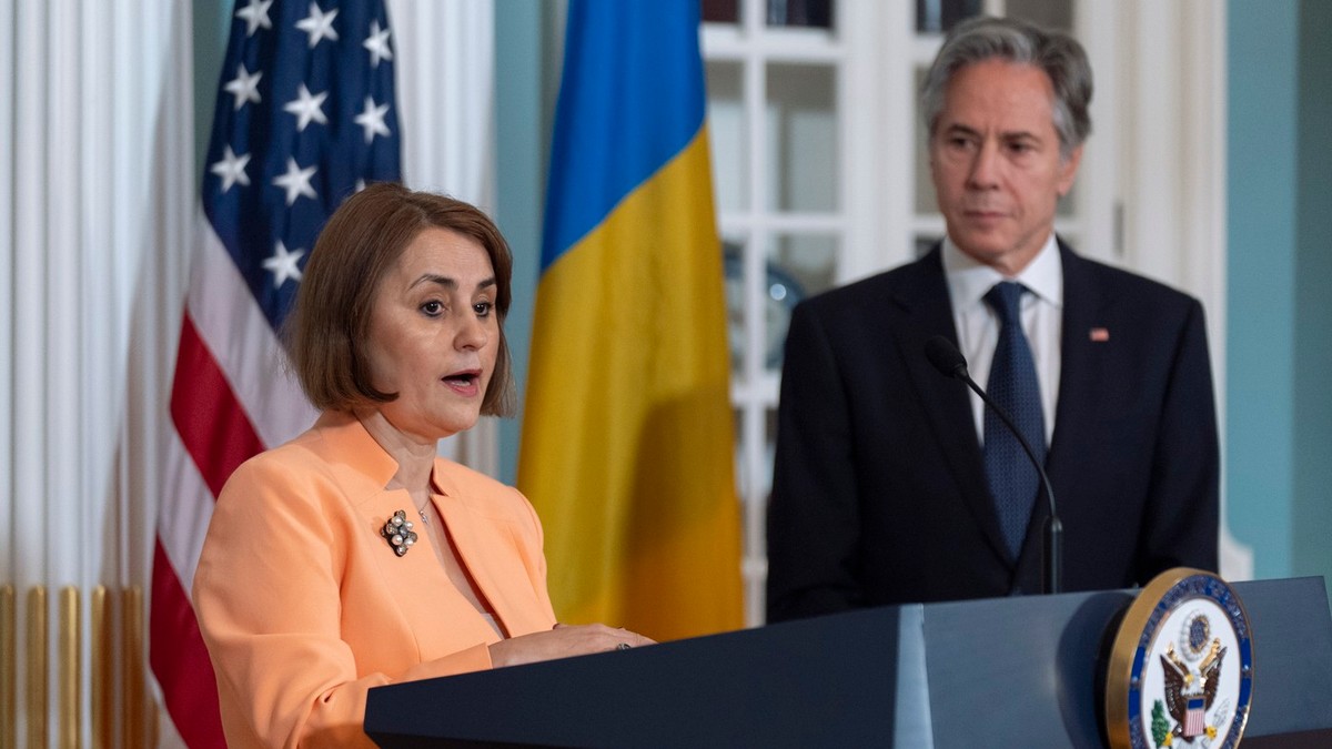 Luminița Odobescu și Antony Blinken într-o conferință de presă în timpul unei vizite la Washington a ministrului de externe al României Foto: Profimedia