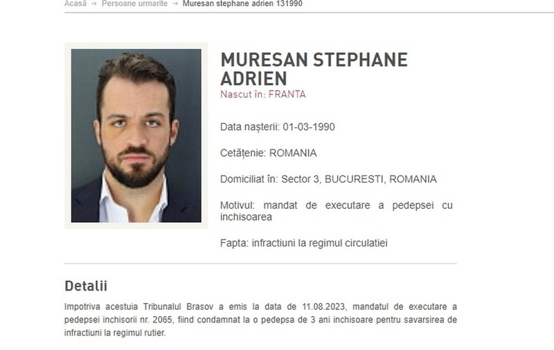 Adrien Stephane Mureșan s-a predat în Franța. Fiul omului de afaceri Sever Mureșan are de executat 3 ani de închisoare