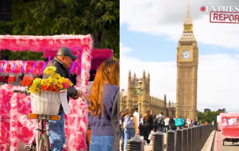 Taxiuri bicicleta roz la Londra, lângă Parlamentul Marii Britanii