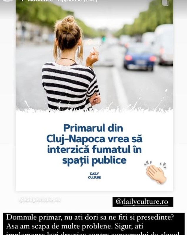 Reacția Andreei Bănică, după ce fumatul ar putea fi interzis în spațiile publice din Cluj: „Domnule primar, nu ați dori să ne fiți și președinte?”
