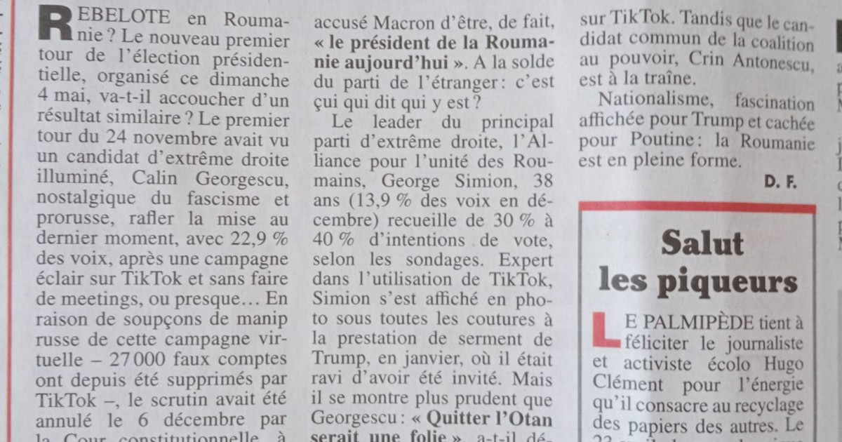 Un articol despre alegerile prezidențiale din România publicat în săptămânalul satiric "Le canard enchaine" al cărui titlu este "Iepuri ruși la București"
