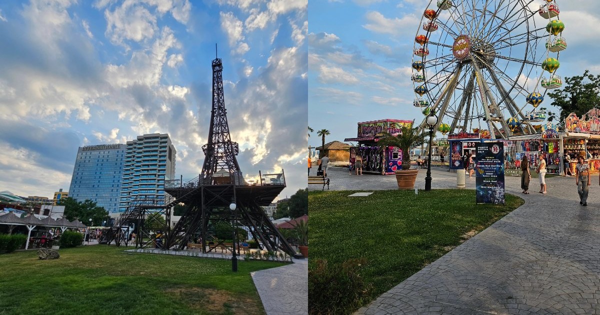 Colaj fotografii promenada stațiunii Nisipurile de Aur, din Bulgaria: În stânga se vede o replică a Turnului Eiffel, iar în dreapta o roată panoramică