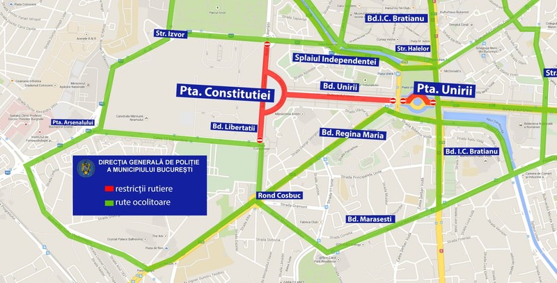 Restricții și rute ocolitoare cu ocazia petrecerii de revelion din Piața Constituției. Sursă: Brigada Rutieră București