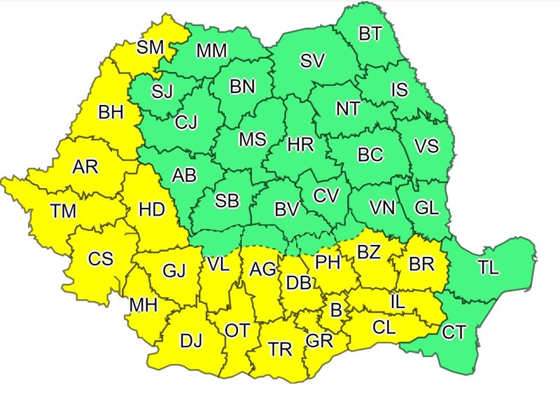 Codul galben de caniculă este valabil pentru 17, 18, 19 august. Fenomenele vizate sunt caniculă și disconfort termic ridicat
