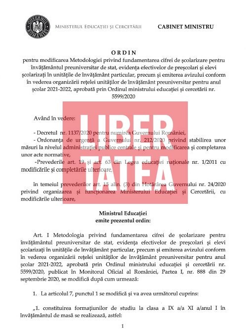 Ordinul de ministru pentru modificarea Metodologiei privind fundamentarea cifrei de școlarizare pentru învățământul preuniversitar de stat, obținut de Libertatea - pagina 1