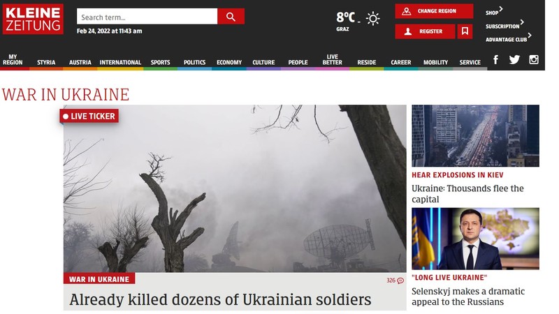 „Război în Ucraina”, titlul principal pe Kleine Zeitung