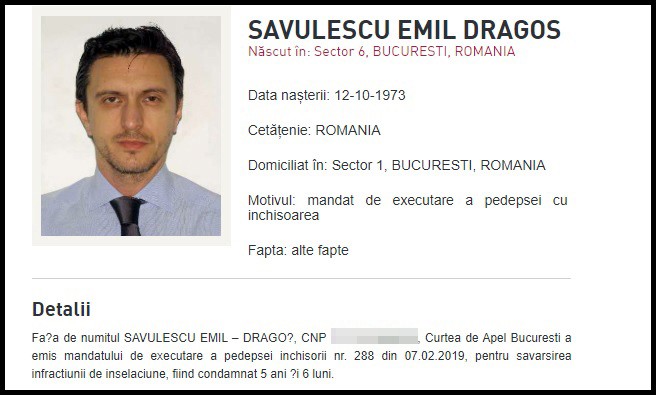 Pe site-ul Poliției Române Dragoș Săvulescu apare la urmăriți internațional