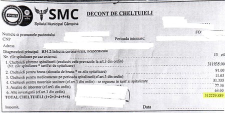 312.229 - suma decontată de Casa de Asigurări de Sănătate pentru cele 13 zile de spitalizare