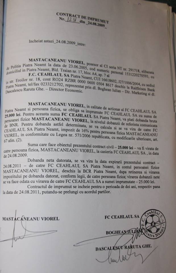 Un alt contract semnat, în 2009, între Viorel Mestecăneanu și Ceahlăul