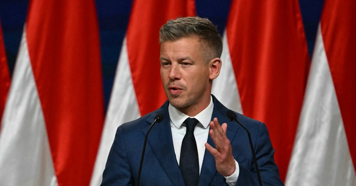Imaginea îl surprinde pe Péter Magyar în timpul unui discurs, vorbind la pupitru și gesticulând pentru a-și sublinia mesajul. În spatele său se văd mai multe steaguri naționale, sugerând un context oficial sau o conferință de presă.