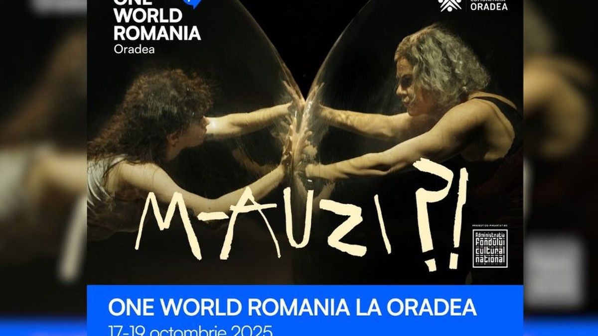 Afișul Festivalului Internațional de Film Documentar și Drepturile Omului One World Romania (OWR) de la Oradea, cu tema „M-auzi?!”, octombrie 2025
