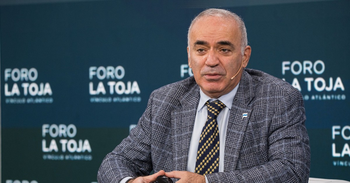 Imaginea îl înfățișează pe Garry Kasparov, fost campion mondial la șah, stând pe un scaun alb și purtând un sacou în carouri gri și o cravată cu model în dungi galbene și albastre. El participă la un eveniment, având în spate un panou cu sigla „FORO LA TOJA” (Forumul La Toja), care indică contextul apariției sale publice.