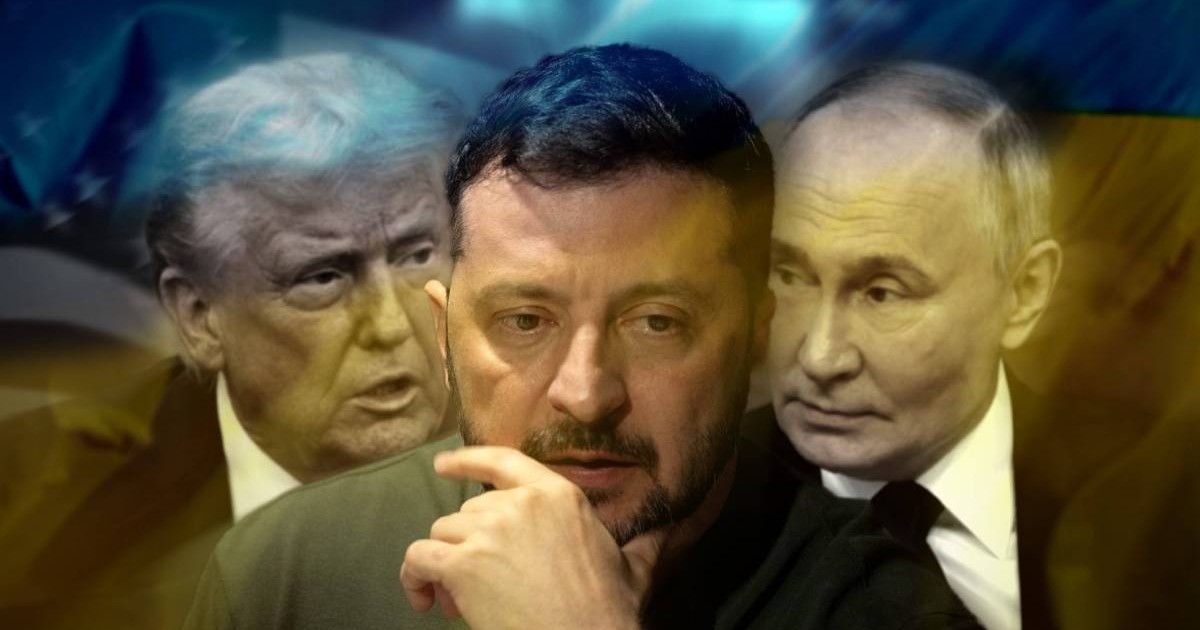 Montaj foto cu Donald Trump, stânga, Volodimir Zelenski, centru, Vladimir Putin, dreapta, conceptul de negocieri in războiul Rusia - Ucraina