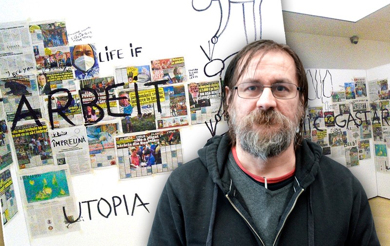 Paginile ziarului Libertatea despre muncitorii români din abatoarele lui Tönnies, într-o expoziție din Germania. Mesajul artistului Dan Perjovschi pe poza lui Țiriac